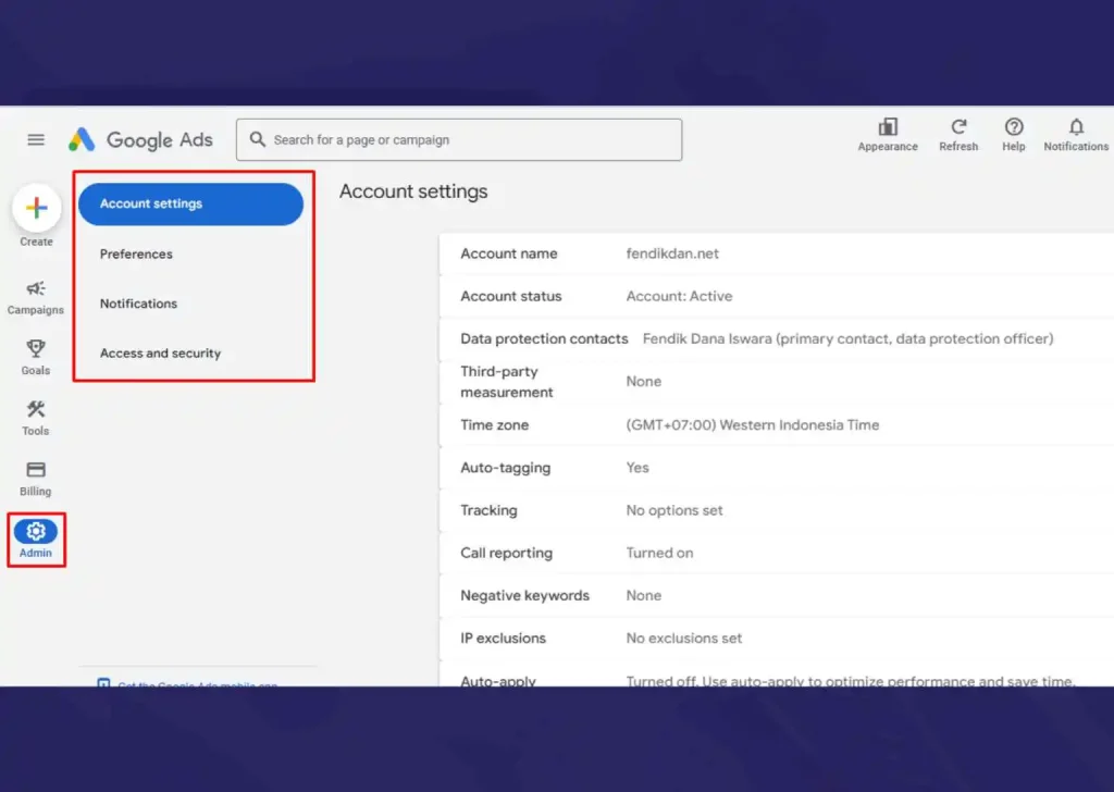 fitur Admin di google ads manager
